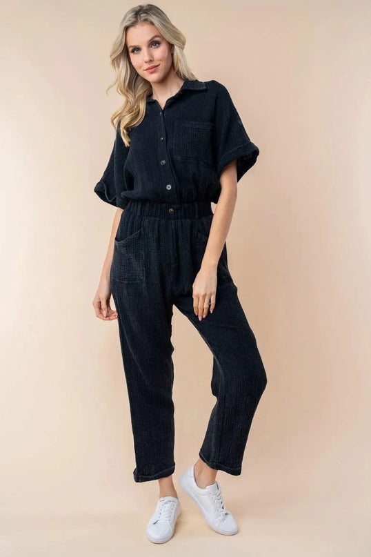 White Birch Texture Short Sleeve Jumpsuit - ShopEasier