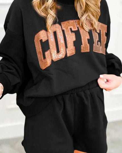 Sparkling Coffee Sequin Long Sleeve Top and Shorts Ensemble