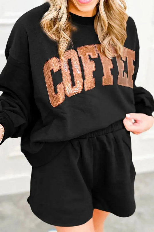 Sparkling Coffee Sequin Long Sleeve Top and Shorts Ensemble