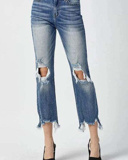 RISEN High Waist Distressed Frayed Hem Cropped Straight Jeans - ShopEasier