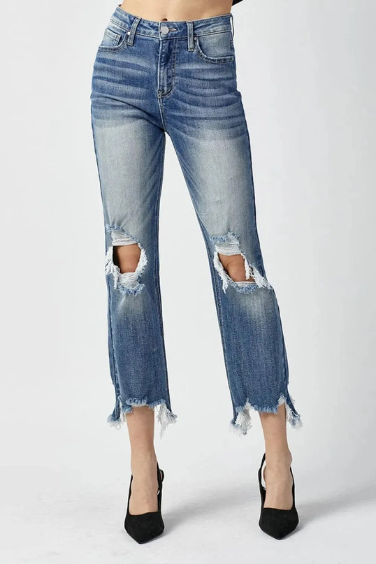 RISEN High Waist Distressed Frayed Hem Cropped Straight Jeans - ShopEasier