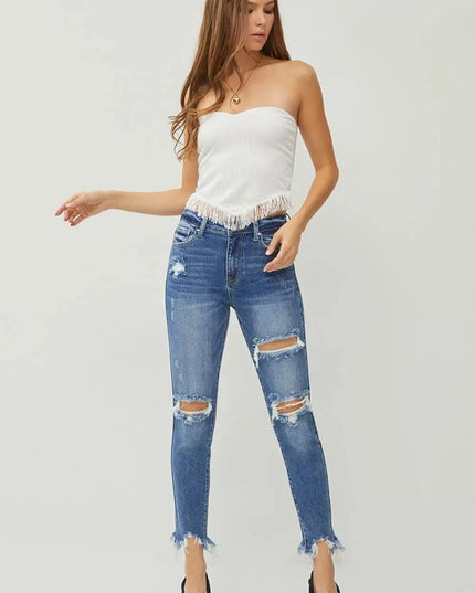 RISEN Distressed Frayed Hem Slim Jeans - ShopEasier