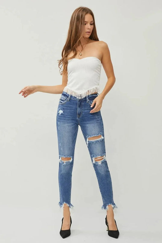 RISEN Distressed Frayed Hem Slim Jeans - ShopEasier