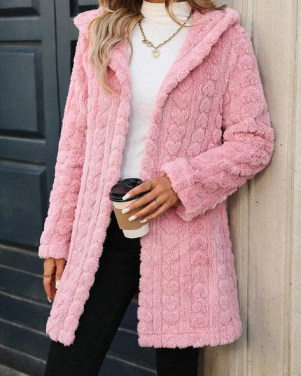 Fuzzy Heart Hooded Coat with Open Front