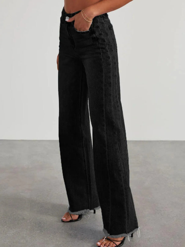 Raw Hem Wide Leg Jeans with Pockets - ShopEasier