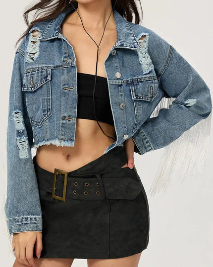 Distressed Fringe Collared Neck Cropped Denim Top