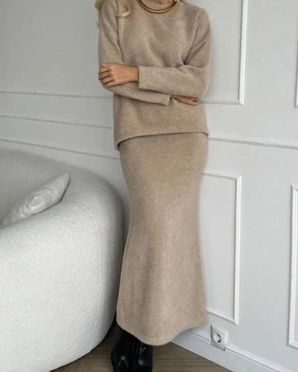 Round Neck Dropped Shoulder Top and Midi Skirt Sweater Set