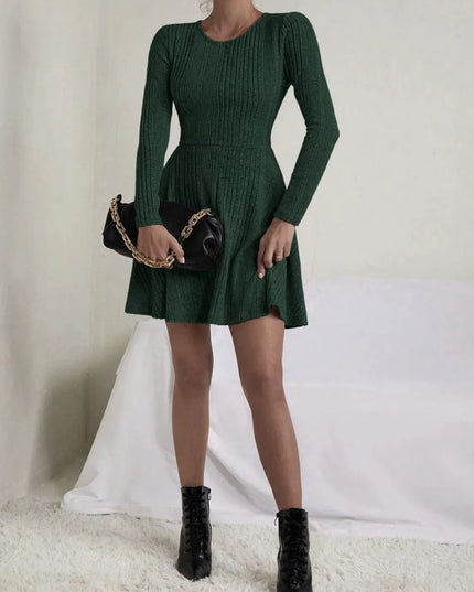 Textured Round Neck Long Sleeve Dress