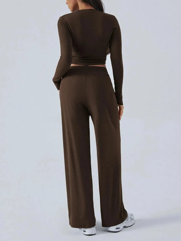 Chic Tied Long Sleeve Top and Pants Set with Pockets