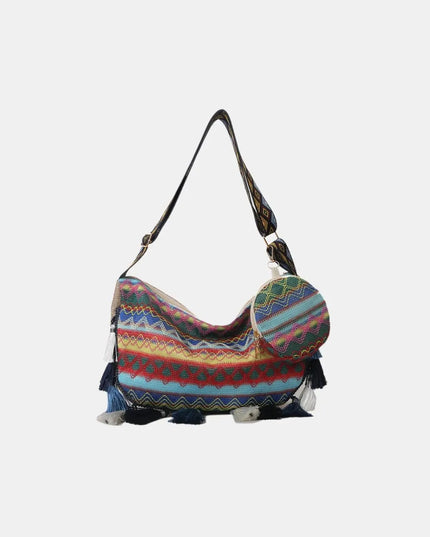 Bolso bandolera con detalle de borlas estampado y monedero pequeño