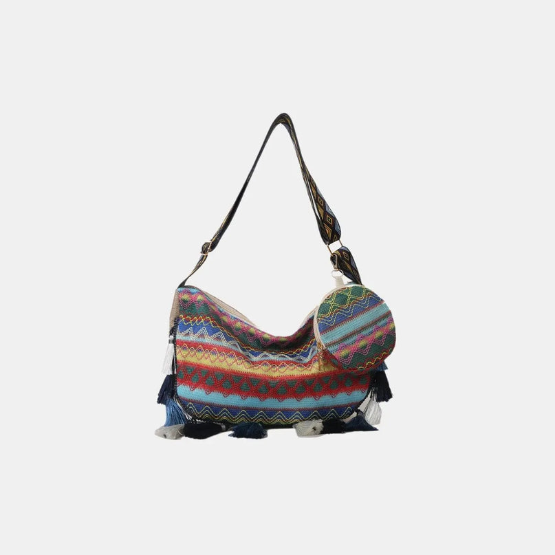 Bolso bandolera con detalle de borlas estampado y monedero pequeño