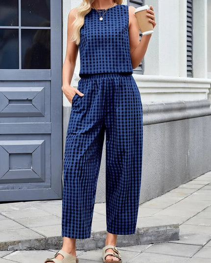 Lovelet Plaid Round Neck Sleeveless Top and Pants Set