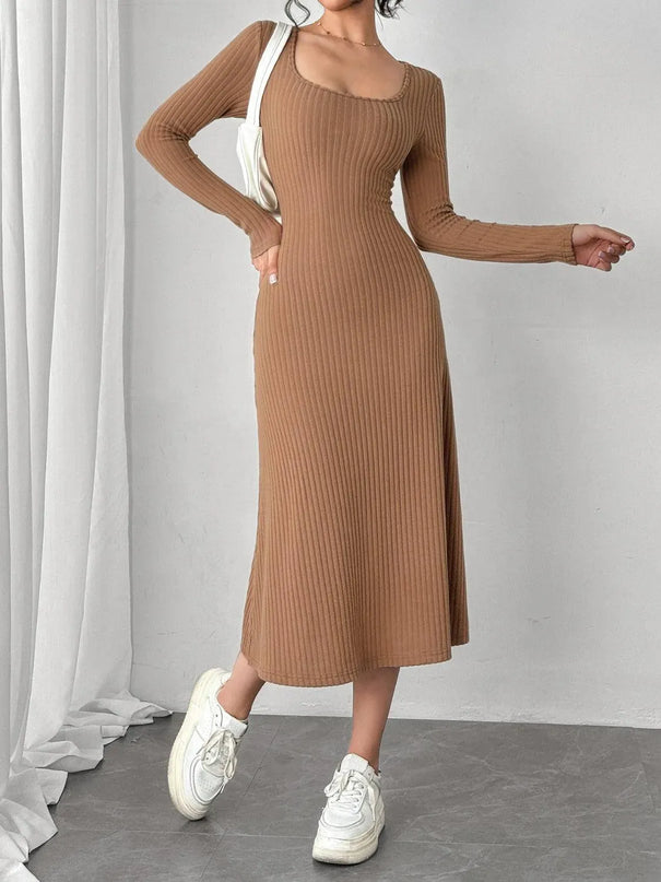 Square Neck Long Sleeve Midi Wrap Dress - ShopEasier