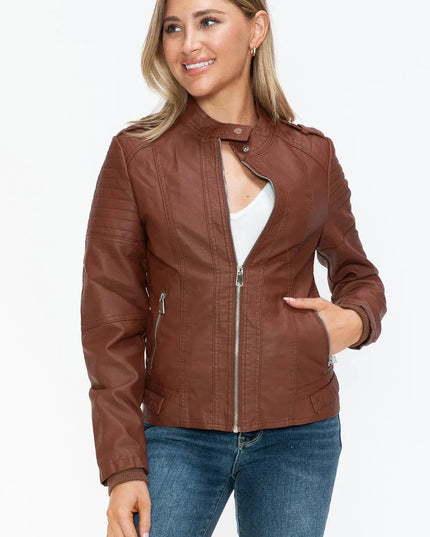 Snobbish PU Leather Biker Jacket with Side Zip Pockets - ShopEasier