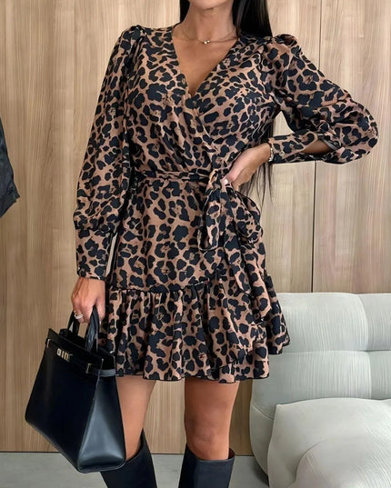 Tied Leopard Surplice Long Sleeve Dress - ShopEasier