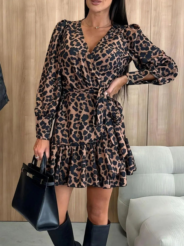 Tied Leopard Surplice Long Sleeve Dress - ShopEasier