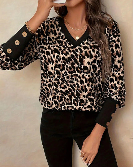 Leopard Print Long Sleeve V-Neck T-Shirt with Decorative Buttons