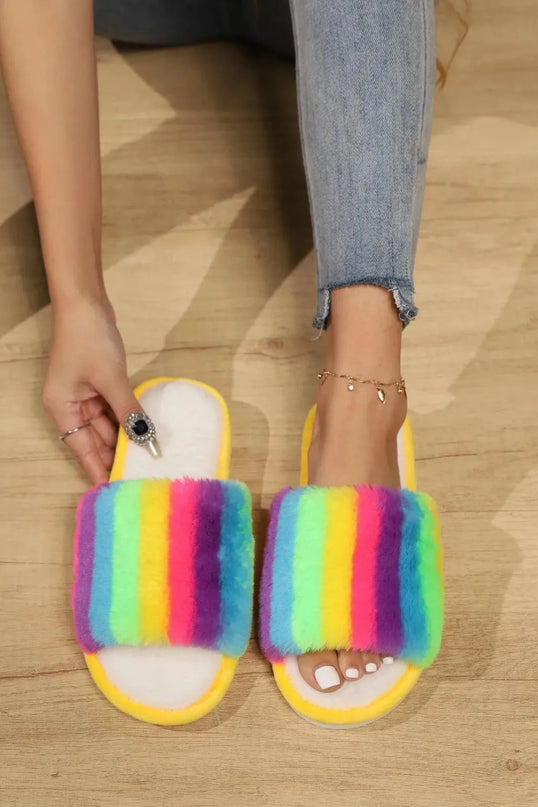 Faux Fur Color Block Open Toe PVC Slides