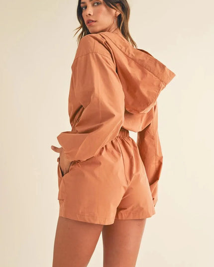 Mable Snap Down Long Sleeve Hooded Romper - ShopEasier