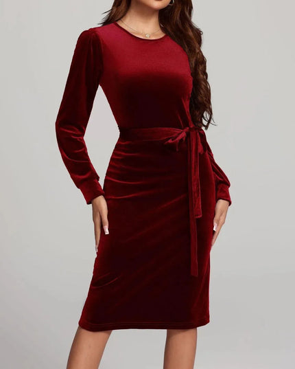 Round Neck Tie Waist Long Sleeve Velvet Dress - ShopEasier