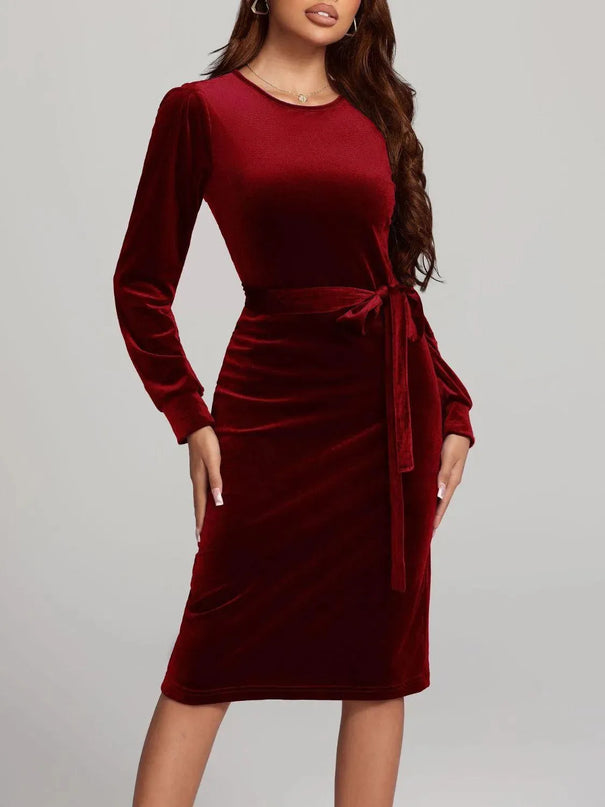 Round Neck Tie Waist Long Sleeve Velvet Dress - ShopEasier