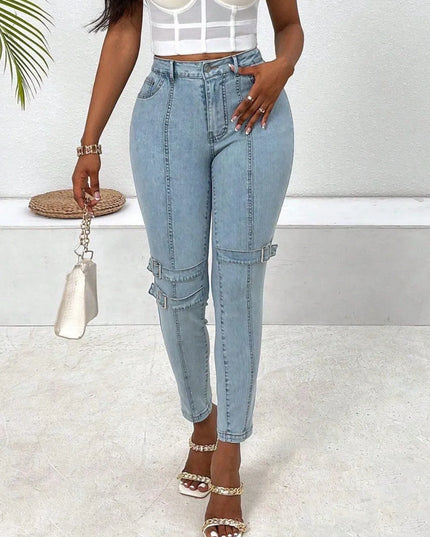 Decorative Buckle Skinny Jeans with Pockets - ShopEasier