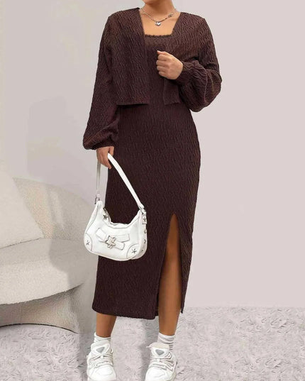 Open Front Long Sleeve Cardigan and Side Slit Cami Dress Set