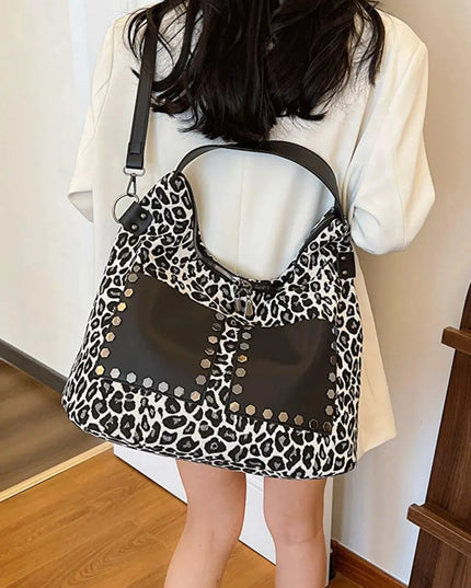 Leopard Polyester Shoulder Bag with Zippers