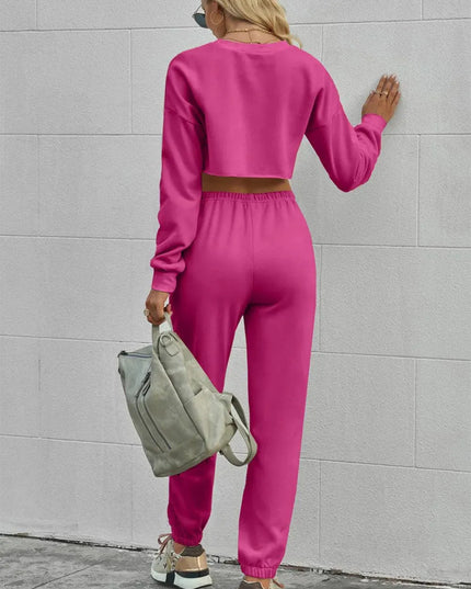 Cropped Long Sleeve Top and Trousers Set with Drawstring