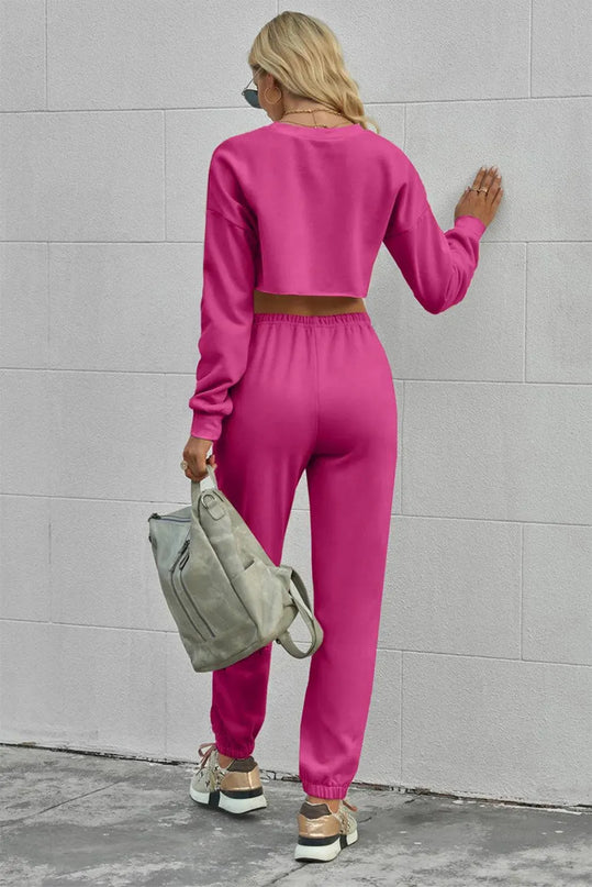 Cropped Long Sleeve Top and Trousers Set with Drawstring