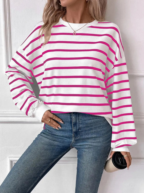 Chic Striped Round Neck Long Sleeve Sweatshirt