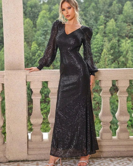 Sequin V-Neck Lantern Sleeve Maxi Dress