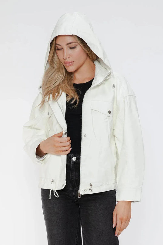 How Dare U Drawstring Hem PU Leather Zip Up Jacket - ShopEasier