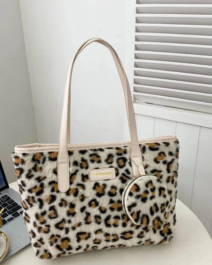 Leopard Faux Fur Tote Bag with Coin Purse