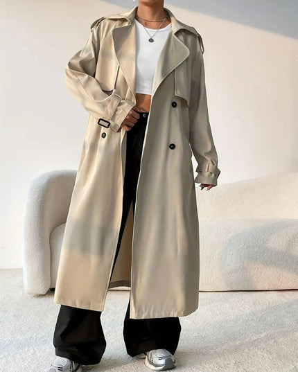 Button-Up Longline Trench Coat with Collared Neck and Long Sleeves