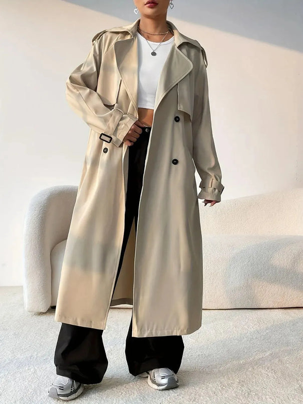 Button-Up Longline Trench Coat with Collared Neck and Long Sleeves