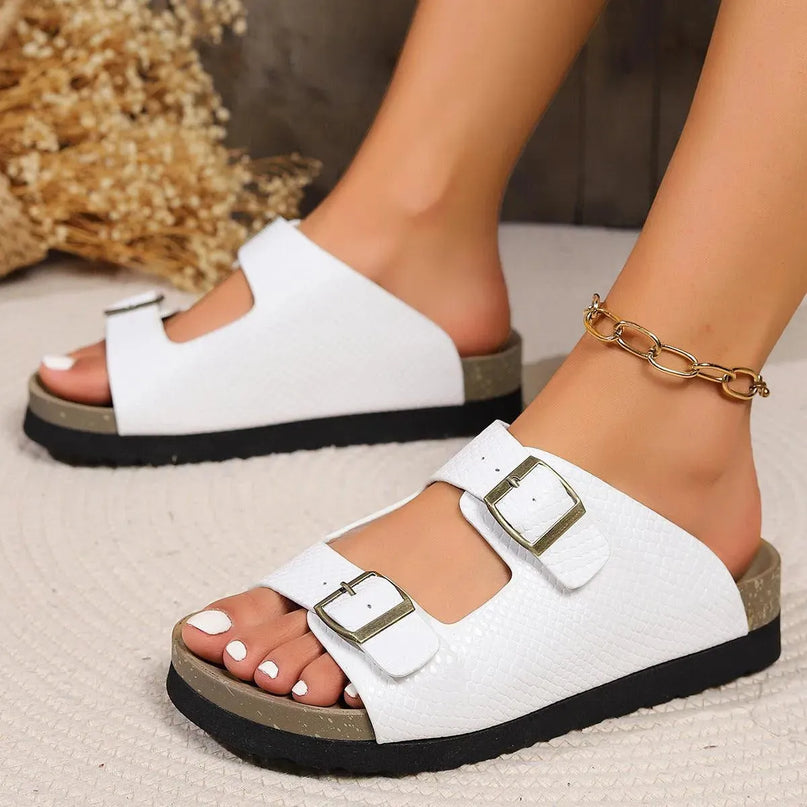 Stylish PU Leather Flat Buckle Sandals