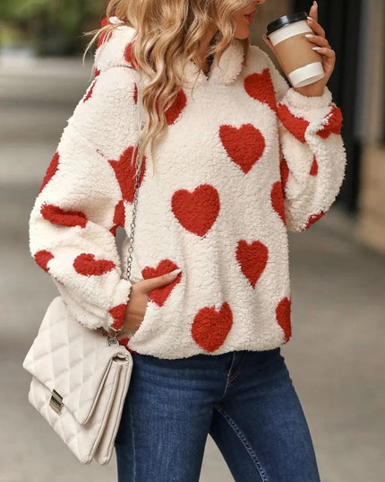 Fuzzy Heart Pocketed Dropped Shoulder Hoodie - ShopEasier