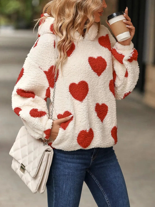 Fuzzy Heart Pocketed Dropped Shoulder Hoodie - ShopEasier