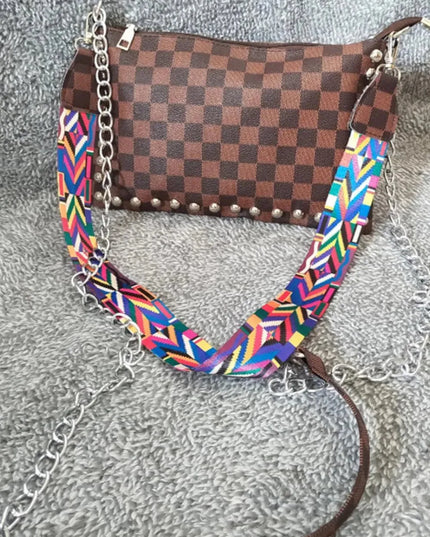 Bolso de hombro elegante de piel sintética con estampado de leopardo y cuadros escoceses con tachuelas