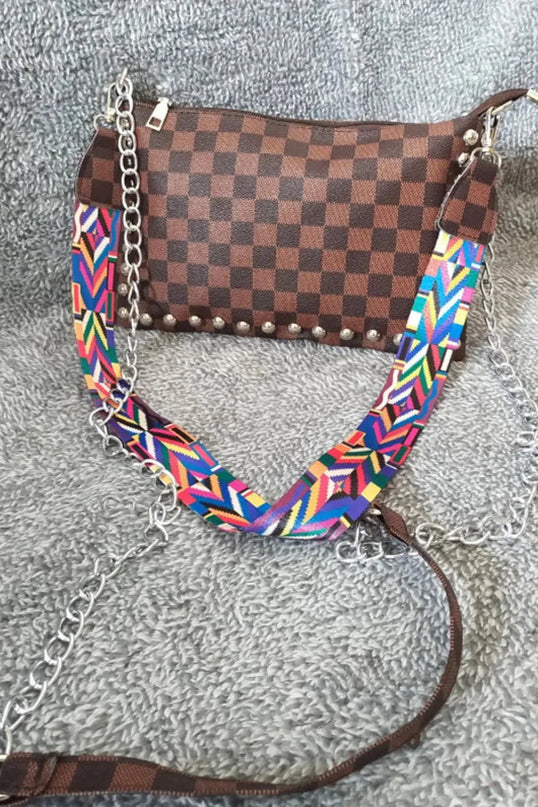 Bolso de hombro elegante de piel sintética con estampado de leopardo y cuadros escoceses con tachuelas