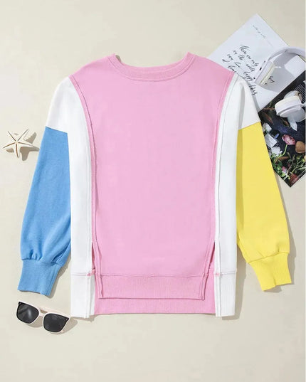 High-Low Slit Opaque Long Sleeve Sweatshirt with Round Neck