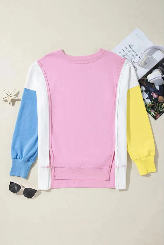 High-Low Slit Opaque Long Sleeve Sweatshirt with Round Neck