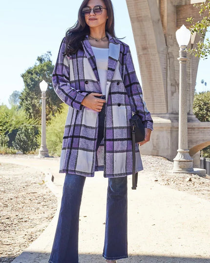 Plaid Button-Up Lapel Coat with Pockets - Full Size Double Take Design