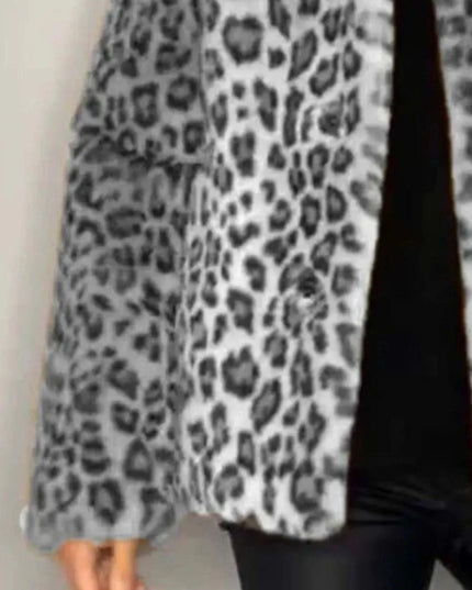 Full Size Leopard Furry Collared Neck Long Sleeve Coat - ShopEasier