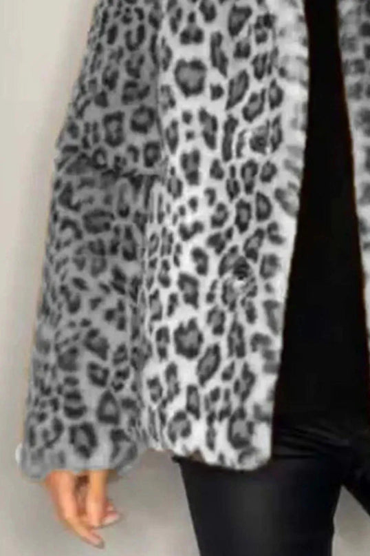 Full Size Leopard Furry Collared Neck Long Sleeve Coat - ShopEasier