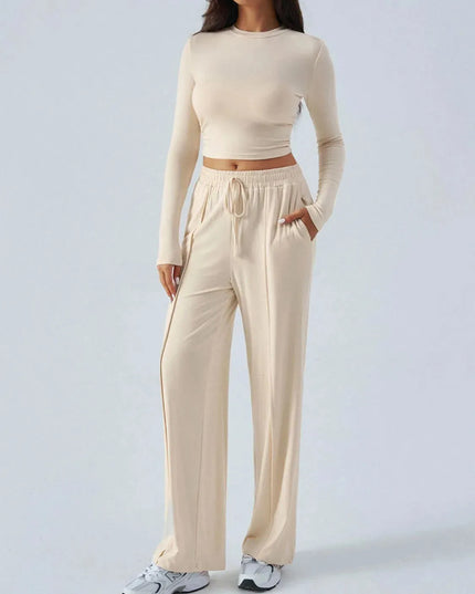 Chic Tied Long Sleeve Top and Pants Set with Pockets