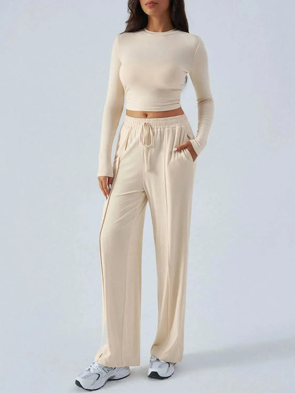 Chic Tied Long Sleeve Top and Pants Set with Pockets