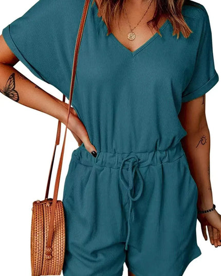 Full Size Drawstring V-Neck Short Sleeve Romper - ShopEasier