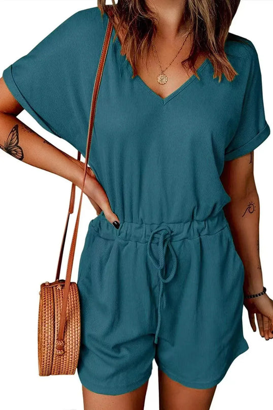 Full Size Drawstring V-Neck Short Sleeve Romper - ShopEasier